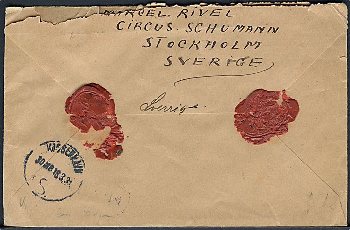 35 öre Gustaf på anbefalet brev fra Stockholm x.3.1931 til København, Danmark. Sendt fra cirkusartisten Marcel Rivel, Cirkus Schumann i Stockholm. Urent åbnet.
