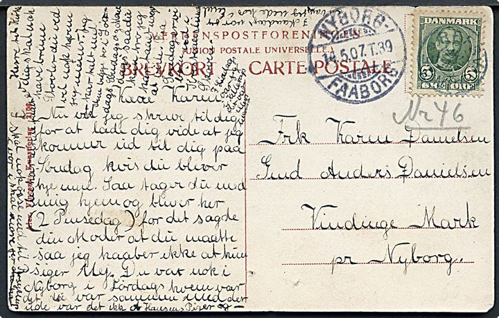 5 øre Fr. VIII på brevkort annulleret med stjernestempel REFSVINDINGE og sidestemplet Nyborg - Faaborg T.39 d. 14.5.1907 til Vindinge Mark pr. Nyborg.