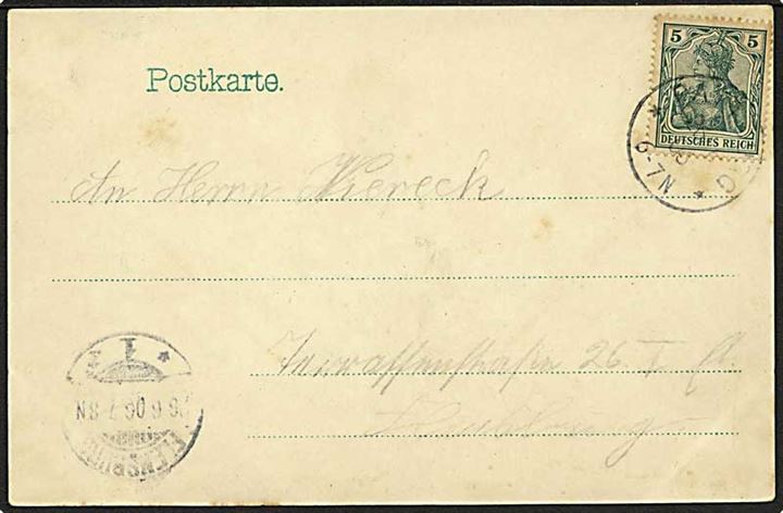 5 pdg. Germania på brevkort (Gruss aus Bau) annulleret med enringstempel Pattburg d. 26.6.1905 til Flensburg.
