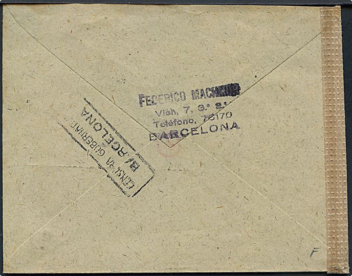 5 cts. Rytter, 30 cts., 40 cts. og 2 ptas Franco på luftpostbrev fra Barcelona d. 18.11.1943 til Neustadt, Tyskland. Lokal spansk censur fra Barcelona og åbnet af tysk censur i München.