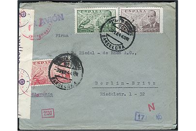 25 cts., 50 cts. og 2 pts. Luftpost på luftpostbrev fra Barcelona d. 3.2.1944 til Berlin, Tyskland. Lokal spansk censur fra Barcelona og åbnet af tysk censur i München.