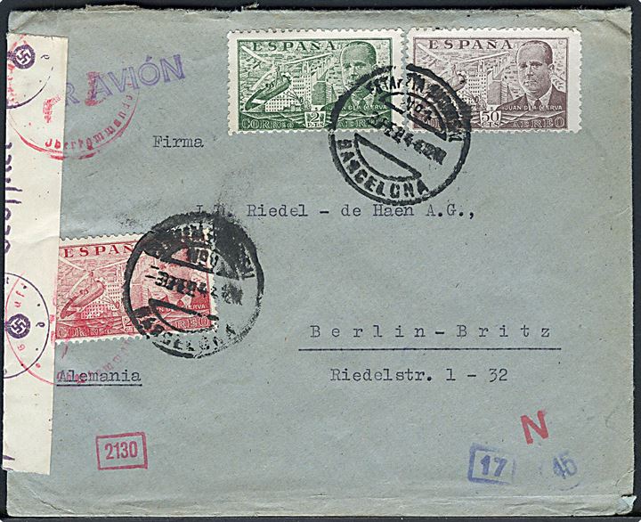 25 cts., 50 cts. og 2 pts. Luftpost på luftpostbrev fra Barcelona d. 3.2.1944 til Berlin, Tyskland. Lokal spansk censur fra Barcelona og åbnet af tysk censur i München.