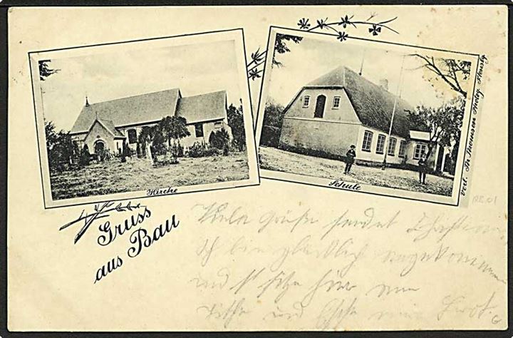 5 pdg. Germania på brevkort (Gruss aus Bau) annulleret med enringstempel Pattburg d. 26.6.1905 til Flensburg.