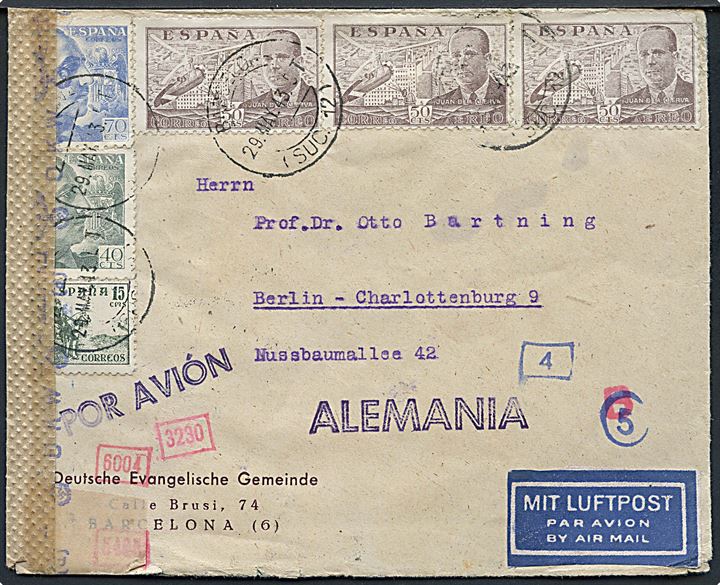 15 cts. Rytter, 40 cts., 70 cts. Franco og 50 cts. Luftpost (3) på luftpostbrev fra Barcelona d. 29.5.1943 til Berlin, Tyskland. Lokal spansk censur fra Barcelona og åbnet af tysk censur i München.