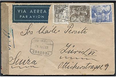 5 cts. Rytter, 70 cts. og 2 ptas. Franco på luftpostbrev fra Cordoba d. 24.6.1942 via Madrid til Zürich, Schweiz. Åbnet af spansk censur i Madrid.