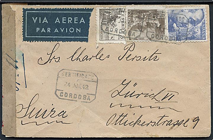 5 cts. Rytter, 70 cts. og 2 ptas. Franco på luftpostbrev fra Cordoba d. 24.6.1942 via Madrid til Zürich, Schweiz. Åbnet af spansk censur i Madrid.
