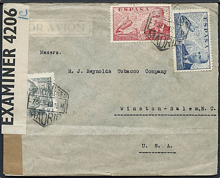 40 cts. Franco, 25 cts. og 4 pts. Luftpost på luftpostbrev fra Madrid d. 7.9.1942 til Winston, USA. Åbnet af lokal spansk censur i Madrid og britisk censur på Bermuda PC90/4206 med påskrevet IC.