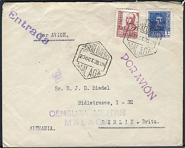 25 cts. Isabel og 1 pta. Luftpost provisorium på luftpostbrev fra Malaga d. 29.10.1938 via Salamanca til Berlin, Tyskland. Lokal spansk censur fra Malaga.
