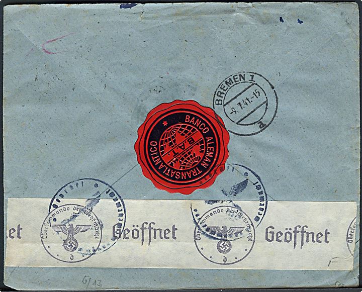 25 cts., 35 cts. (par), 1 pta. og 2 pts. (2) Luftpost på anbefalet luftpostbrev fra Sevilla d. 25.6.1941 til Bremen, Tyskland. Åbnet af tysk censur i München.