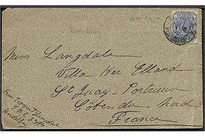 2½d V.O.I. Provisorium (defekt) på brev annulleret med svagt feltpoststempel Army Post Office Heidelberg d. 14.2.1902 til Frankrig. Sendt fra Trooper Thomas Langdale 2314 i South African Constabulary (SAC). 