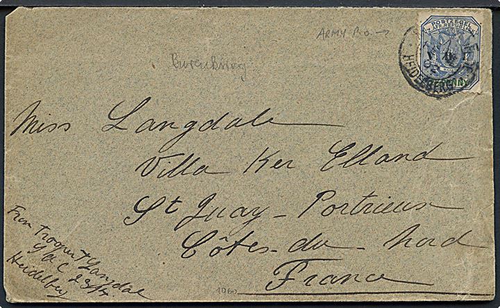 2½d V.O.I. Provisorium (defekt) på brev annulleret med svagt feltpoststempel Army Post Office Heidelberg d. 14.2.1902 til Frankrig. Sendt fra Trooper Thomas Langdale 2314 i South African Constabulary (SAC). 