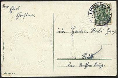 5 pfg. Germania på brevkort stemplet Jordkirch (Kr. Apenrade) d. 23.3.1914 til Røde Kro.