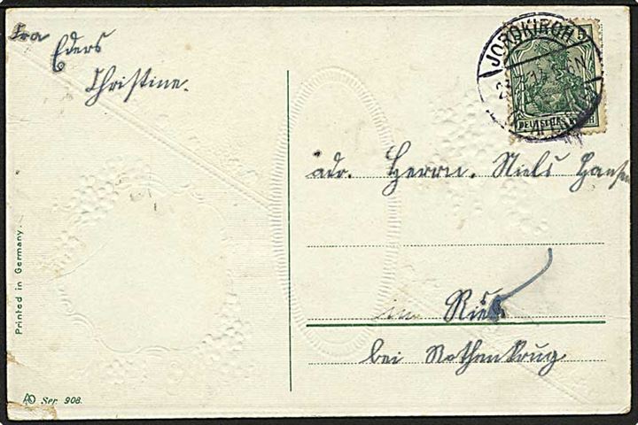 5 pfg. Germania på brevkort stemplet Jordkirch (Kr. Apenrade) d. 23.3.1914 til Røde Kro.