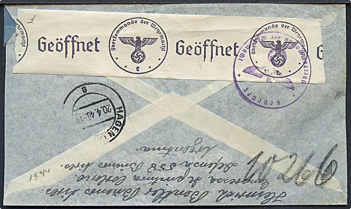 15 c. Okse og 1,50 p. Fonopostal på anbefalet luftpostbrev fra Buenos Aires d. 10.4.1940 til Hagen, Tyskland. Påskrevet Via Condor - LATI. Åbnet af tysk censur i Frankfurt.