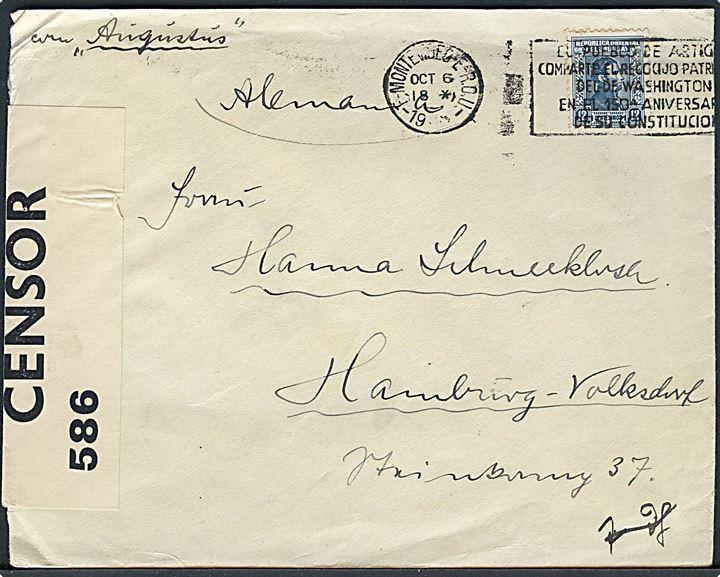 12 c. på brev fra Montevideo d. 6.10.1939 til Hamburg, Tyskland. Påskrevet: via Augustus. Åbnet af tidlig britisk censur PC66/586 og af tysk toldkontrol