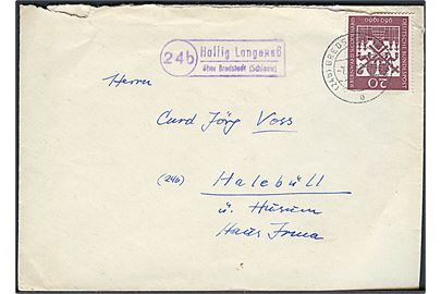 20 pfg. på brev stemplet Bredstedt d. 7.10.1960 og sidestemplet (24b) Hallig Langeness über Bredstedt (Schlesw.) til Halebüll. Urent åbnet.