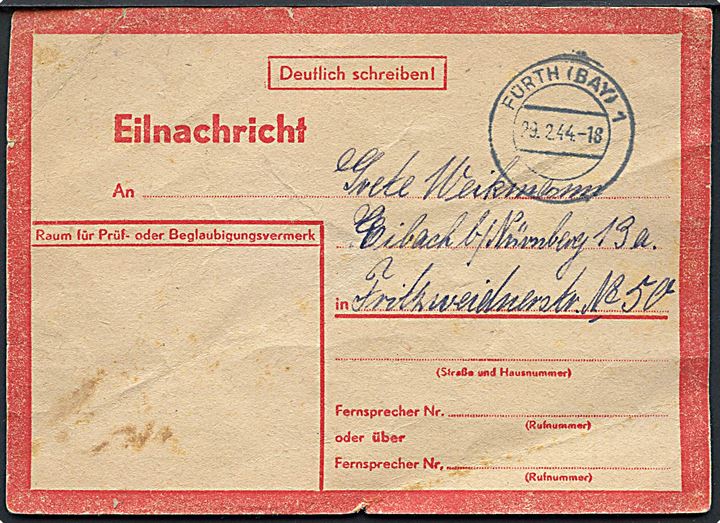 Rødt Eilnachricht kort stemplet Fürth d. 29.2.1944 (skuddag) til Eibach. Livstegn sendt efter det store allierede luftangreb på Fürth (Mission 235 Big Week) hvor 196 B-24 bombemaskiner angreb byen.