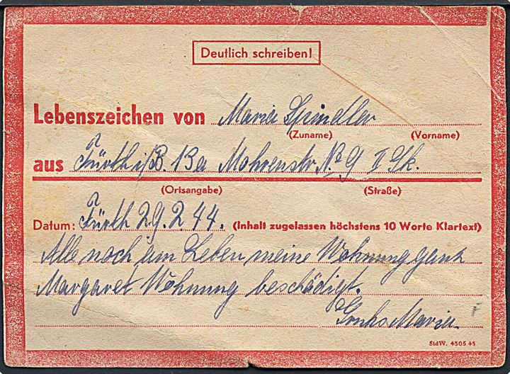 Rødt Eilnachricht kort stemplet Fürth d. 29.2.1944 (skuddag) til Eibach. Livstegn sendt efter det store allierede luftangreb på Fürth (Mission 235 Big Week) hvor 196 B-24 bombemaskiner angreb byen.