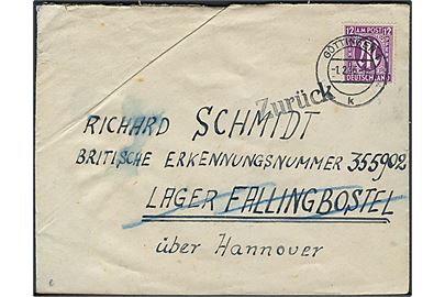 12 pfg. Bizone udg. på brev fra G¨ttingen d. 1.2.1946 til indsat i britisk civilinterneringslejr i Fallingbostel. Retur da modtager er ukendt.