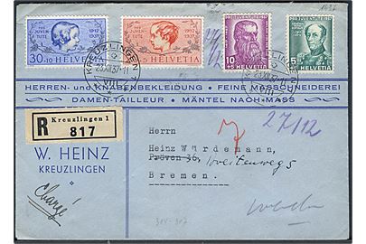 Komplet sæt Pro Juventute 1937 udg. på anbefalet brev fra Kreuzlingen d. 23.12.1937 til Bremen, Tyskland.
