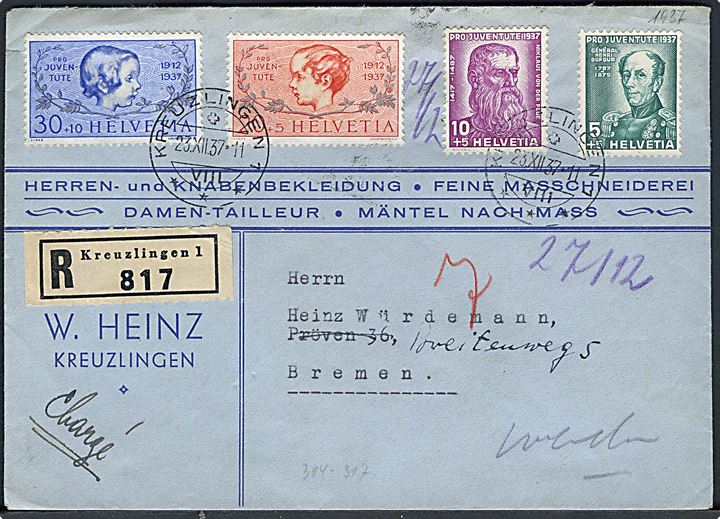 Komplet sæt Pro Juventute 1937 udg. på anbefalet brev fra Kreuzlingen d. 23.12.1937 til Bremen, Tyskland.