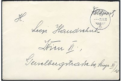 Ufrankeret feltpostbrev stemplet Feldpost b d. 31.3.1939 til Wien. Tysk feltpost fra indlemmelsen af Tjekkoslovakiet 15.3.-30.4.1939.