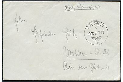 Ufrankeret feltpostbrev påskrevet durch Übungspost stemplet Feldpost b d. 23.3.1939. Tysk feltpost fra indlemmelsen af Tjekkoslovakiet 15.3.-30.4.1939.