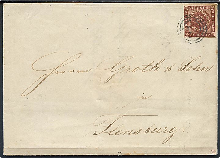 4 sk. 1858 udg. på brev annulleret med nr.stempel 21 og sidestemplet på bagsiden antiqua Friedrichstadt d. 5.4.1860 til Flensburg.