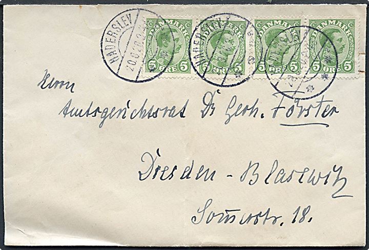 5 øre Chr. X (4) på brev annulleret med brotype IIb Haderslev sn2 d. 20.8.1920 til Dresden, Tyskland. På bagsiden Briefstempel fra Stadtkasse Hadersleben.