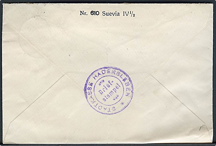 5 øre Chr. X (4) på brev annulleret med brotype IIb Haderslev sn2 d. 20.8.1920 til Dresden, Tyskland. På bagsiden Briefstempel fra Stadtkasse Hadersleben.