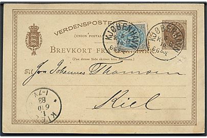 6 øre helsagsbrevkort opfrankeret med 4 øre Tofarvet annulleret Kjøbenhavn KB d. 5.10.1883 til Kiel.