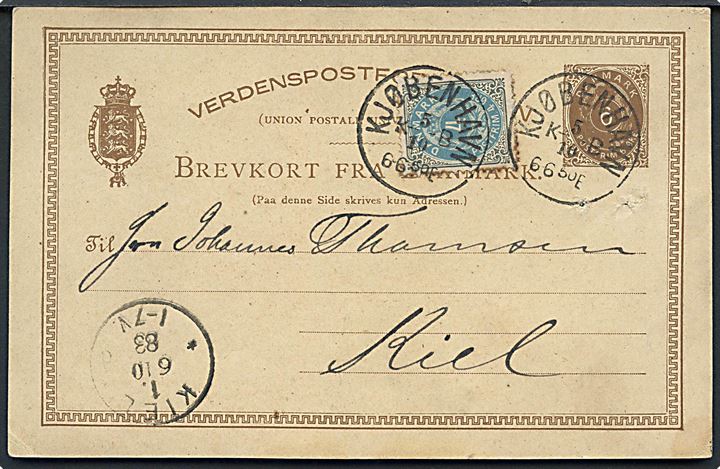 6 øre helsagsbrevkort opfrankeret med 4 øre Tofarvet annulleret Kjøbenhavn KB d. 5.10.1883 til Kiel.