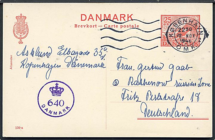 25 øre Kæmpehøj helsagsbrevkort fra København d. 22.11.1946 til Rathenow, Tyskland. Dansk efterkrigscensur (krone)/640/Danmark.
