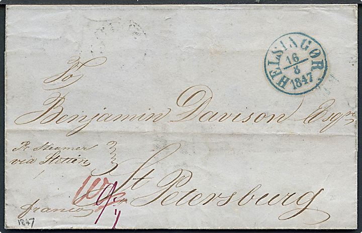 1847. Francobrev med blågrønt antiqua Helsingør d. 16.8.1847 via Stettin d. 17.8.1847 til St. Petersborg, Rusland. Påskrevet Pr. Steamer via Stettin.