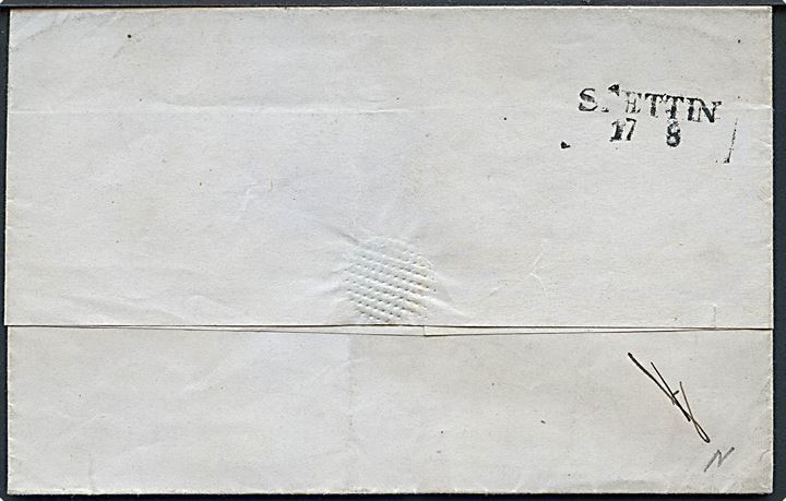 1847. Francobrev med blågrønt antiqua Helsingør d. 16.8.1847 via Stettin d. 17.8.1847 til St. Petersborg, Rusland. Påskrevet Pr. Steamer via Stettin.