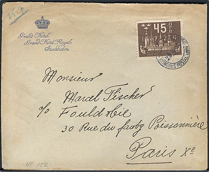 45 øre Verdenspostkongres på hotelkuvert annulleret med særstempel Stockholm VIII:e Congress Postal Universal d. 29.7.1924 til Paris, Frankrig.