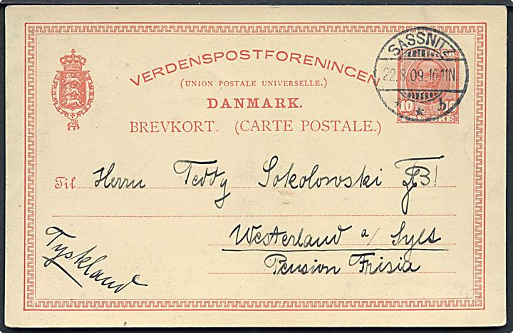 10 øre Fr. VIII helsagsbrevkort dateret Sandvig, Bornholm annulleret med tysk stempel i Sassnitz d. 22.8.1909 til Westerland på Sylt, Tyskland.