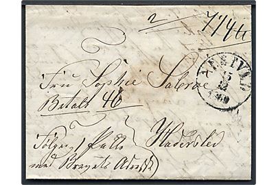 1860. Pakkefølgebrev for pakke fra Næstved d. 15.12.1860 til Haderslev. Påskrevet Betalt 46 sk. Takstanalyse vedlagt.
