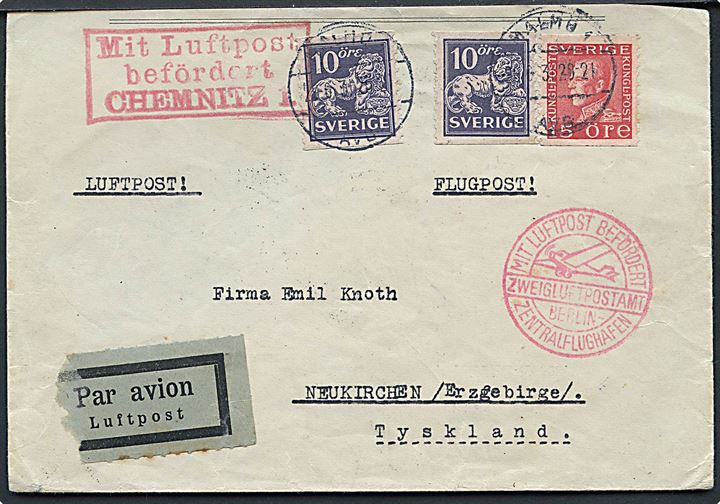 10 öre Løve (2) og 15 öre Gustaf på luftpostbrev fra Malmö d. 29.6.1931 via Berlin og Chemnitz til Neukirchen, Tyskland. Afkortet i toppen.