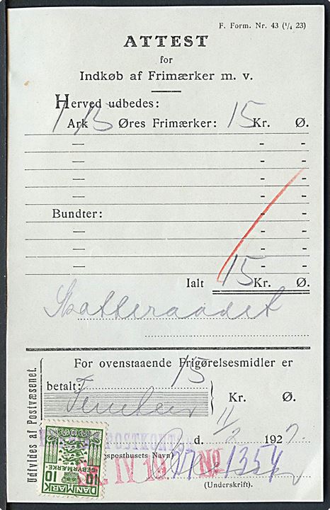 10 øre Gebyrmærke annulleret med violet liniestempel Horsens Postkontor på Attest for Indkøb af Frigørelsesmidler m.v. dateret d. 11.2.1927.