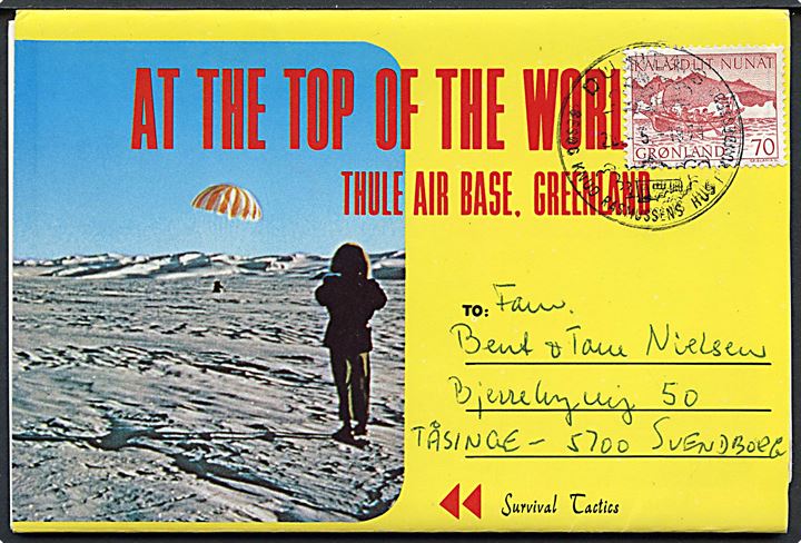70 øre Konebåd på photoletter At the top of the world, Thule Air Base fra Dundas d. 2x.5.1974 til Tåsinge pr. Svendborg. 
