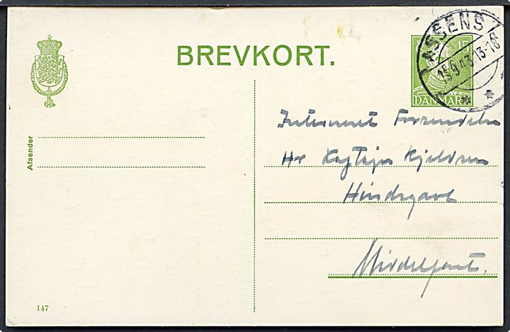 15 øre Chr. X helsagsbrevkort (fabr. 147) fra Assens d. 15.9.1943 til interneret officer på Hindsgavl pr. Middelfart.