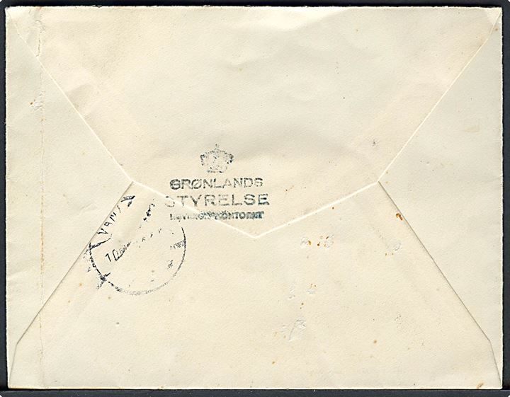 10 øre Chr. X i fireblok på anbefalet brev fra København 23 d. 21.2.1946 til Vanløse. På bagsiden afs.-stempel (krone) / Grønlands Styrelse / .........kontoret.