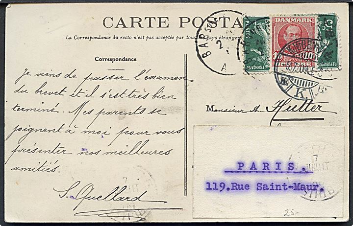 Fransk 5 c. i parstykke på brevkort fra Bar-sur-Ruse 1909 til Danmark. Opfrankeret med 10 øre Fr. VIII og eftersendt fra Kjøbenhavn d. 5.7.1909 til Paris, Frankrig.