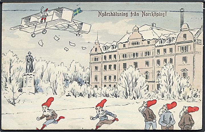 Sverige, Norrköping, Nisser i gadebilledet, nytårshilsen med flyvemaskine. Granberg u/no.