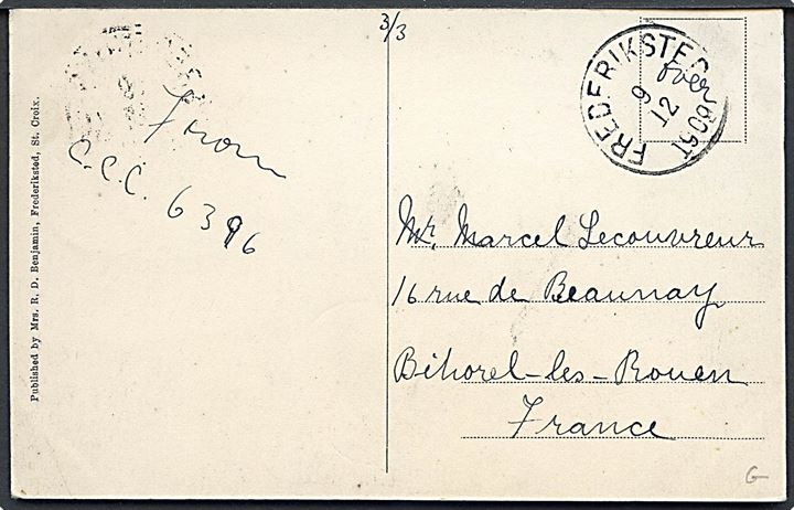 D.V.I., St. Croix, Frederiksted Anglican Church. R. D. Benjamin u/no. Frankeret med 5 bit Chr. IX sendt som tryksag fra Frederiksted d. 9.12.1909 til Frankrig.