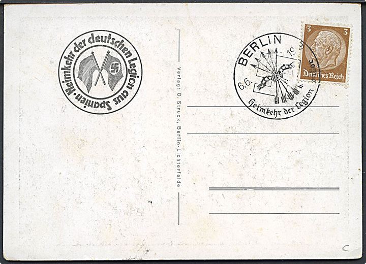 Den tyske legion Condors hjemkomst fra Spanien. Uadresseret brevkort med 3 pfg. Hindenburg annulleret med særstempel Berlin Heimkehr der Legion d. 6.6.1939.