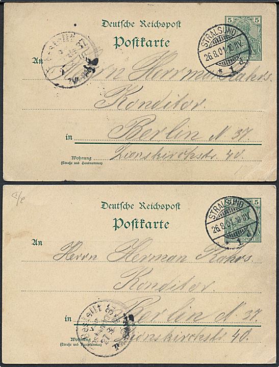 Gruss von der See, 2 stk. 5 pfg. Germania helsagsbrevkort med håntegnede sejlbåde. Anvendt i Stralsund 1901.