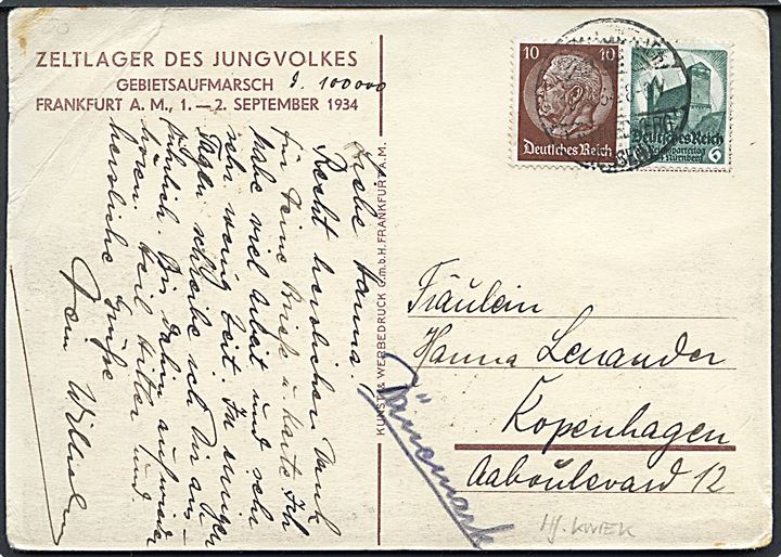 Zeltlager des Jungvolkes, Gebietsaufmarsch Frankfurt A.M. 1.-2. September 1934 sendt til Danmark. Fold.