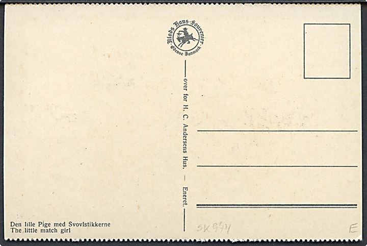 1 øre Bølgelinie på uadresseret brevkort (Else Hasselriis: Den lille pige med Svovlstikkerne) annulleret med udslebet stjernestempel ODENSE 6.
